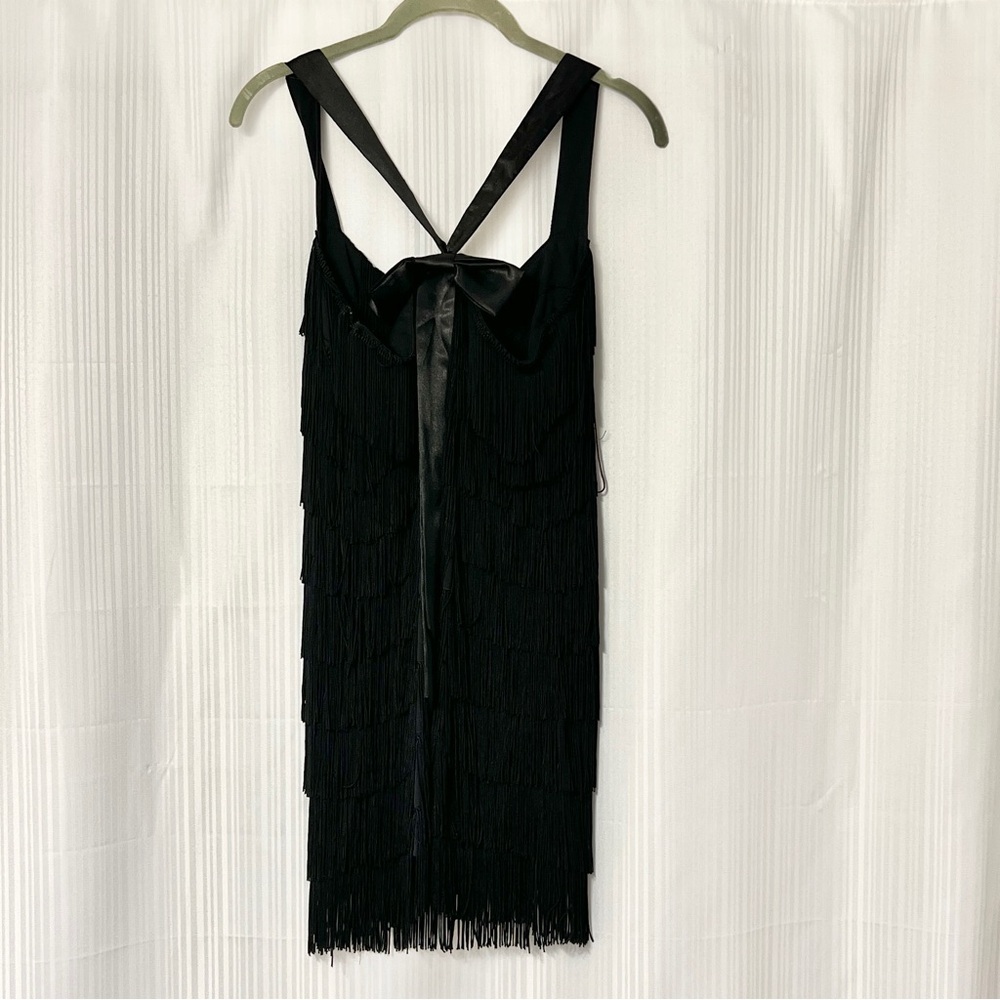 Elegant Black Fringe Flapper Dress | Satin Bow Back | XS